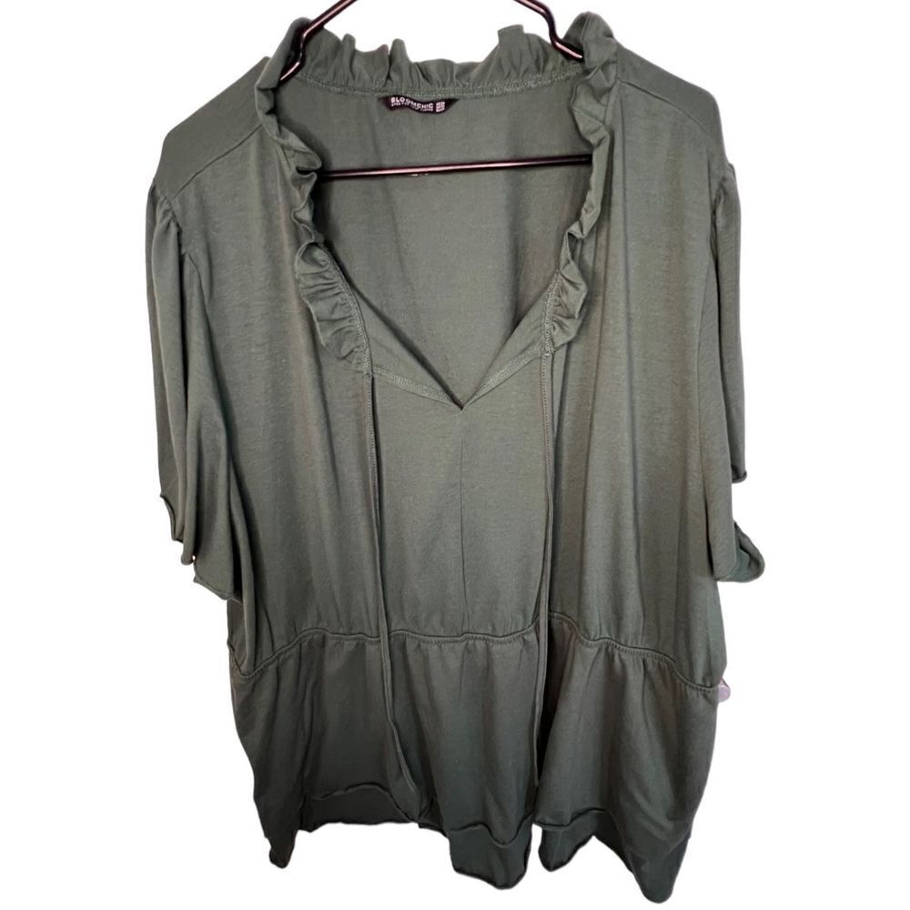 Bloomchic Army Green Baby Doll Blouse With Tie Front